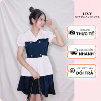 Set Áo Sơ Mi Nữ Ngắn Tay Phối Hai Màu Đen Trắng Kèm Chân Váy Xoè Freesize