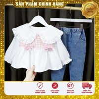 Sét Áo sơ mi phối quần jens bèo ren bé gái- BÁN SỈ- Sét sơ mi trắng Quảng Châu cao cấp bé gái