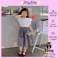 Set áo sơ mi phối ren và chân váy caro túi tiểu thư cho bé gái 10-30kg