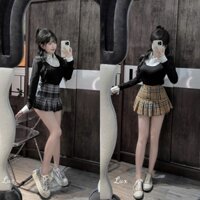 Set áo sơ mi phối thun tay dài chân váy xếp ly caro