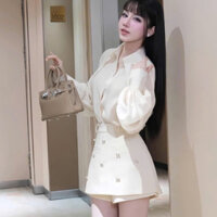 set áo sơ mi quần đùi,sét tiểu thư sang chảnh áo sơ mi tơ cổ nhọn 2 lớp, quần giả váy takta ép mùng K128