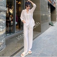 SET áo sơ mi quần ống rộng vải đũi trắng MIX đồ đi chơi cực sang - Chất vải đũi mặc vừa nhẹ vừa mát - VASING DD