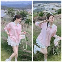 Set áo sơ mi sọc hồng mix chân váy 4 tầng lai viền ren 264 Top Women