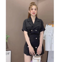 Set Áo Sơ Mi Sọc Phối Nút Cổ Vest + Chân Váy Chữ A