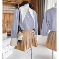 SET ÁO SƠ MI SỌC XANH NHUYỄN PHỐI CỔ TRẮNG NHỌN TAY PHỐI TRẮNG + CHÂN VÁY NÂU XẾP LY (TH)