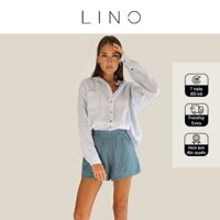 Set áo sơ mi sọc xanh trắng blue white striped shirt và quần sọt xanh blue short linen sale 10% LINO và freeship