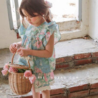 Set áo sơ mi tay cánh tiên in hoa 3D chân váy xòe phong cách hàn quốc cho bé gái