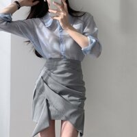 Set Áo Sơ Mi Tay Dài Chống Nắng Phối Chân Váy Lệch Tà Kẻ Sọc Thời Trang Mới