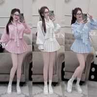 Sét Áo Sơ Mi Tay Dài Croptop Mixx Chân Váy Xếp Ly Hót Hít