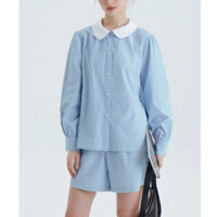 SET Áo sơ mi tay dài phối cổ bèo và Quần đùi họa tiết nền xanh sọc xanh xám, phong cách đáng yêu - 55KG.LINH