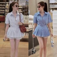 Set áo sơ mi tay ngắn form rộng kẻ sọc kèm chân váy xòe mini đai chun chất kake
