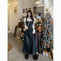 Set Áo Sơ Mi Tay Phồng Kèm Đầm Yếm denim Phong Cách Cổ Điển Dành Cho Nữ
