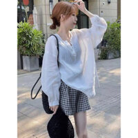 Sét Áo Sơ Mi Thô Boi Nữ Mix Quần Short Kẻ Caro Cạp Chun Co Giãn S202, Sét Đồ Nữ Đi Biển Đi Chơi Mùa Hè Đơn Giản Lekemqc