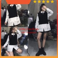 Set áo sơ mi thụng mix gile buộc dây bên hông cực hot kèm ảnh video thật xưởng sỉ nguyễn hoa