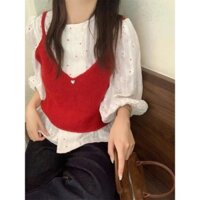 Set áo sơ mi trắng chấm bi đỏ kèm áo hai dây đỏ phong cách Hàn Quốc (có tách set)