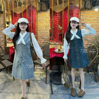 Set Áo Sơ Mi Trắng Cổ Ren Phối Váy Jean