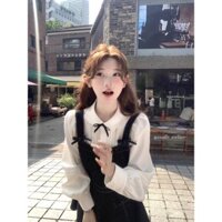 Set Áo Sơ Mi Trắng + Đầm Yếm Nơ Denim