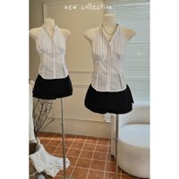 SET ÁO SƠ MI TRẮNG SỌC XANH BODY CỔ YẾM RÃ NGỰC + CHÂN VÁY ĐEN LÓT QUẦN (TH)