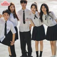 Set áo sơ mi trắng thanh xuân vườn trường thêu chữ dập ly mix chân váy basix không quần bảo hộ đồng phục nam nữ
