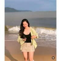 SET ÁO SƠ MI VÀNG CHANH FORM RỘNG TAY DÀI + ÁO 2 DÂY ĐEN + CHÂN VÁY KAKI NÂU KEM TÚI HỘP (TH)