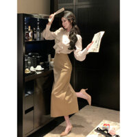 Set Áo Sơ Mi Viền Bèo ChấM Bi Cảm Giác Thiết Kế Bộ Đồ Mẫu Mới Cho Nữ Chân Váy Cạp Cao Mẫu Hot Mùa Thu Bộ Hai Chiếc
