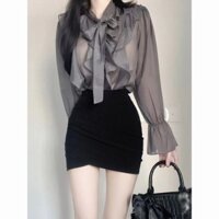 Set Áo Sơ Mi Voan Dài Tay Bèo Nhún Cột Nơ Cổ, Chân Váy Ngắn Nhún Ly Ôm Hông Tôan Dáng