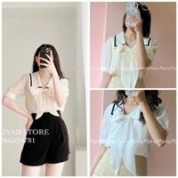 Set Áo sơ mi voan thắt nơ viền cổ cộc tay và chân váy kaki có tách lẻ( ảnh thật/sẵn)