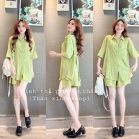 Set áo sơ mi xanh cốm chất đũi xốp QC kèm ảnh thật, Set sơmi xanh Đàm Tổng cao cấp