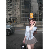 Set áo sơ mi xanh dương kèm cà vạt mix cv xám xếp ly .