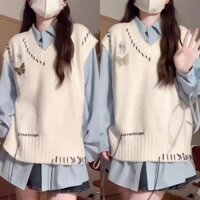 Set Áo Sơ Mi Xanh Dương Và Áo Len Không Tay Cổ Chữ v Thời Trang Nữ Tính