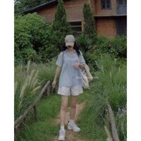 Set áo sơ mi xanh + quần short trắng