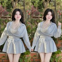 SET ÁO SƠ MI XANH SỌC CROPTOP TRỄ VAI TAY DÀI PHỒNG + ÁO BRA YẾM TRẮNG REN HOA + CHÂN VÁY XANH SỌC BÈO EO (TH)