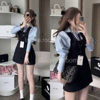 Set Áo Sơ Mi Xanh Tay Bồng Dài Tay Phối Yếm Váy Cúc Bọc Đi Chơi Đi Làm Siêu Xinh