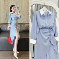 Set áo sơ si tay dài sọc kèm chân váy dài xẻ tà rút hông dây kéo sau sành điệu quyến rũ - NHƯ Ý