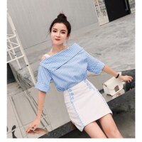 Set Áo Sọc Lệch Vai Tay Lỡ Phối Váy Xòe Dễ Thương( kèm hình thật)