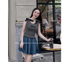 Set áo sọc miu cổ tròn tay sát nách đính nơ 2 bên+ chân váy ngắn xòe