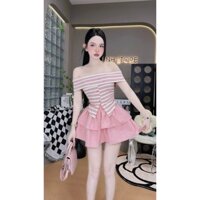 sét áo sọc trễ vai phối núc kèm chân váy hai tầng midi pc