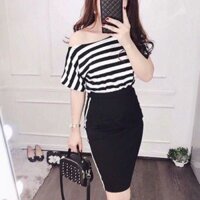 Set áo sọc trễ vai