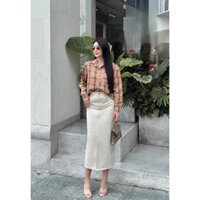Set áo somi caro nâu tay dài oversize mix chân váy kaki nude xẻ tà trước/ đi làm, đi chơi đều xinh