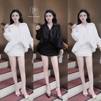 Sét áo sơmi chân bồng phối chân váy ngắn nhún cực xinh sang chảnh