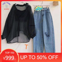 Sét Áo Sơmi Hai Món Kèm Quần Bagy Bò Rua Gấu Rách Tt12 , Áo Kiểu Nữ, Áo Co Dãn Nam Nữ, Quần Khaki Azura