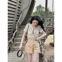 set áo sơmi phối ren phối quần short - đi dạo phố, dự tiệc, đi biển, sinh nhật