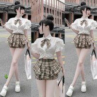 Set áo somi tay bèo xoắn eo + váy quần caro xoè PC