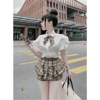 Set áo somi tay bèo xoắn eo + váy quần caro xoè pc