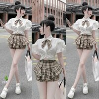 Set áo somi tay bèo xoắn eo phối váy quần caro xoè Kate