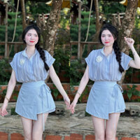 Set áo sơmi tay cánh dơi sọc xanh hot trend cài hoa phối chân váy cột chéo