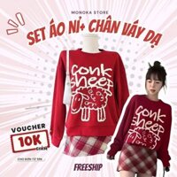 Set áo sweater nỉ đỏ form rộng + Chân váy dạ đỏ kẻ caro ngắn ( Có quần lót trong bảo hộ ) Bộ đồ nữ Noel Tết T835G MNK