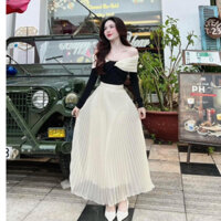 set áo tăm đen trễ vai phối chân váy xếp ly voan tơ