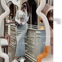 Set áo tăm hình gấu tay dài+ đầm body xám đuôi cá dáng dài 2 dây