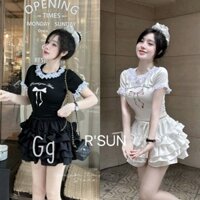 Set Áo Tăm In Nơ Phối Kèm Chân Váy Tầng Xòe Bồng Đáng Iu Đi Chơi Đi Cafe